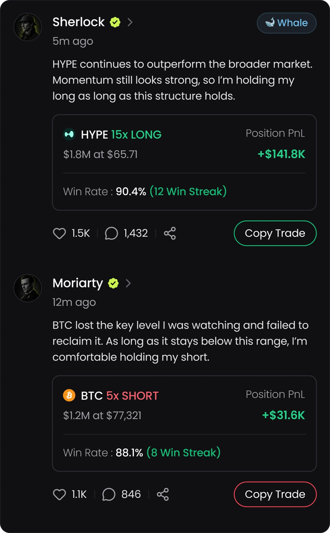 Trader feed posts with attached positions and copy trade actions